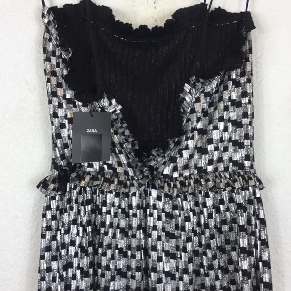 Zara Shimmery Metallic Silver Black Ruffle Party Mini Dress Small - Picture 12 of 14